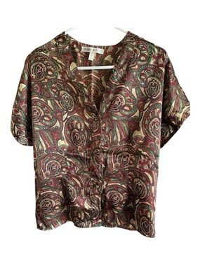 Y2K Victoria's Secret Burgundy Green Paisley Button-Front Satin sleep top large